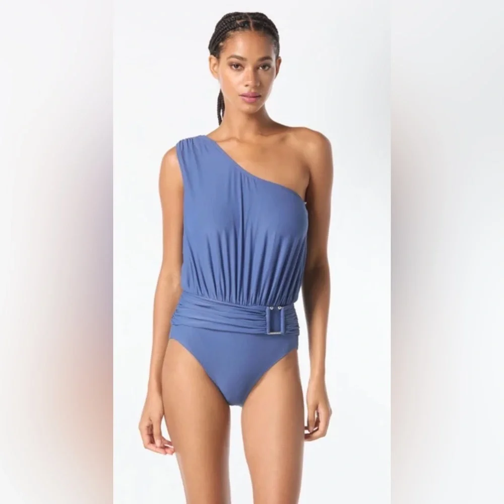 MICHAEL Michael Kors Logo U-Bar One Shoulder One Piece Swimsuit
